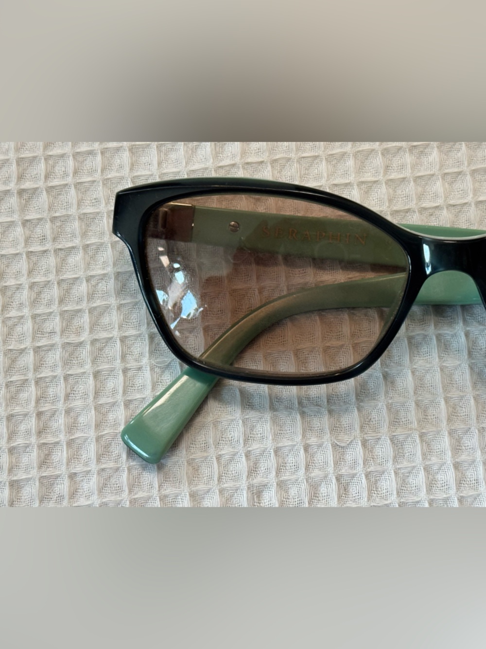 Seraphin Women’s Black and Green Rectangular Sunglasses hand made in Japan